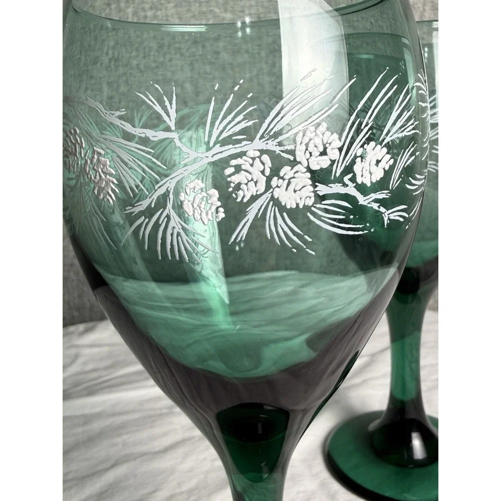 2 - Vintage Libbey Juniper Green Water‎ Pinecone Wine Goblets Glass Teardrop